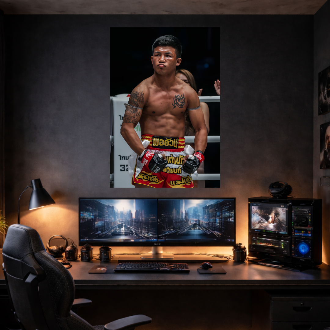 Gaming setup with a large monitor displaying a game, a smaller monitor, and a chair in a dimly lit room.