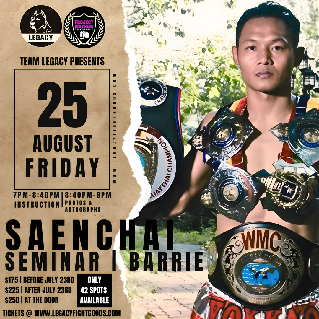 Promotional poster for a Saenchai Seminar featuring a person with championship belts, set against a natural background.