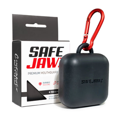 Black mouthguard case with red carabiner and SAFEJAWZ packaging on a white background