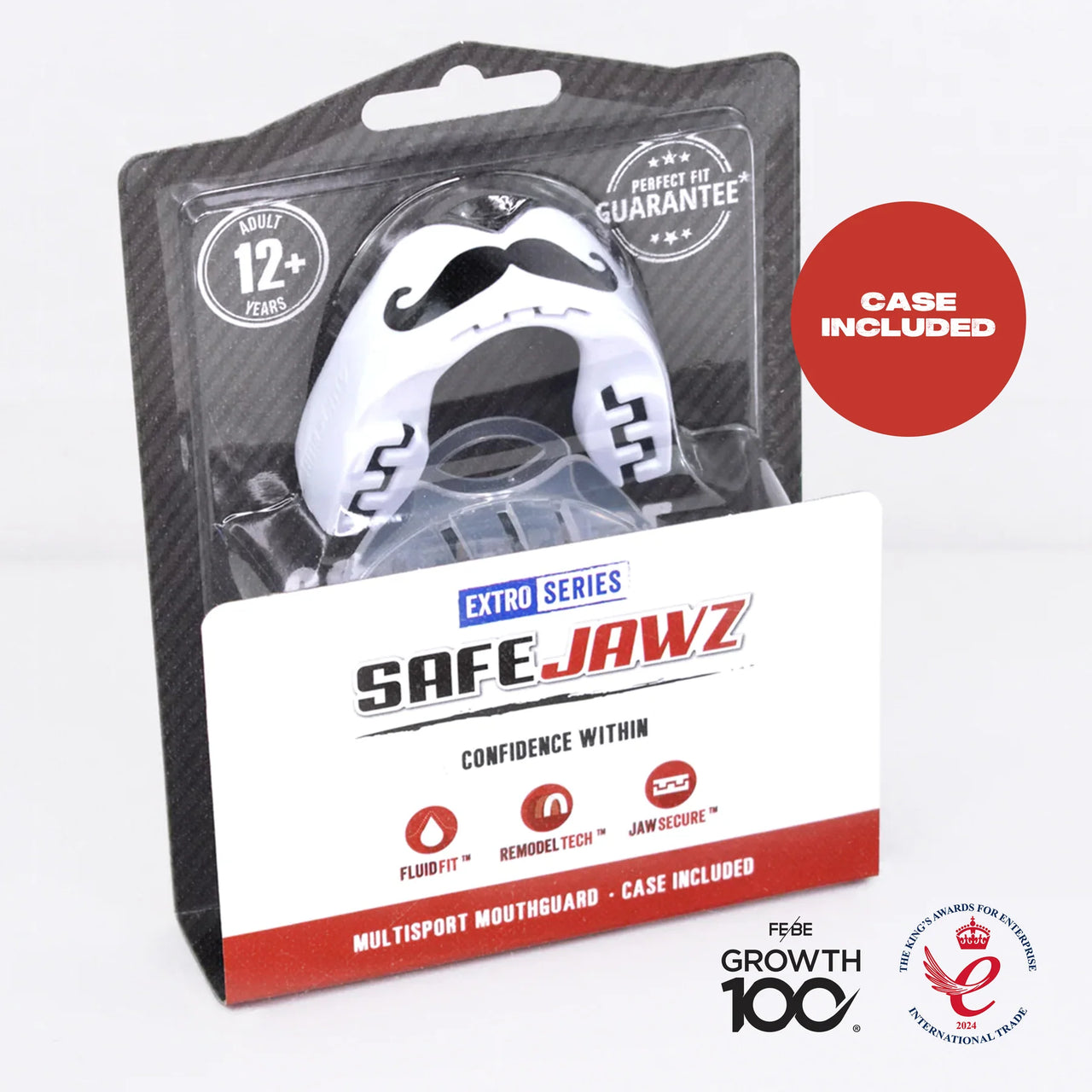 SafeJawz Extro Series “Mo” self-fit mouthguard in white & black with bold design
