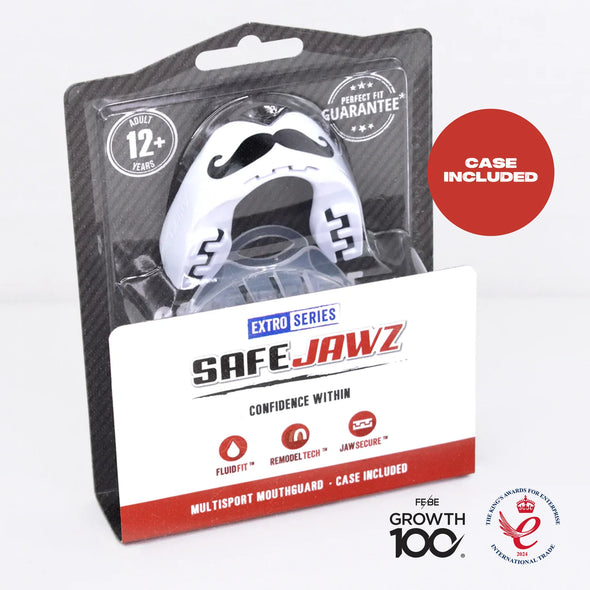 SafeJawz Extro Series “Mo” self-fit mouthguard in white & black with bold design