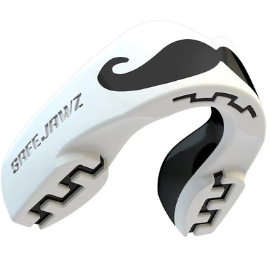 safejawz extro series mo self-fit mouthguard with white and black joker mustache design