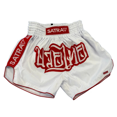 White boxing shorts with red accents and 'SATRAV' branding on a white background