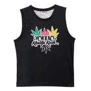 Black tank top with colorful leaf designs and text on a white background