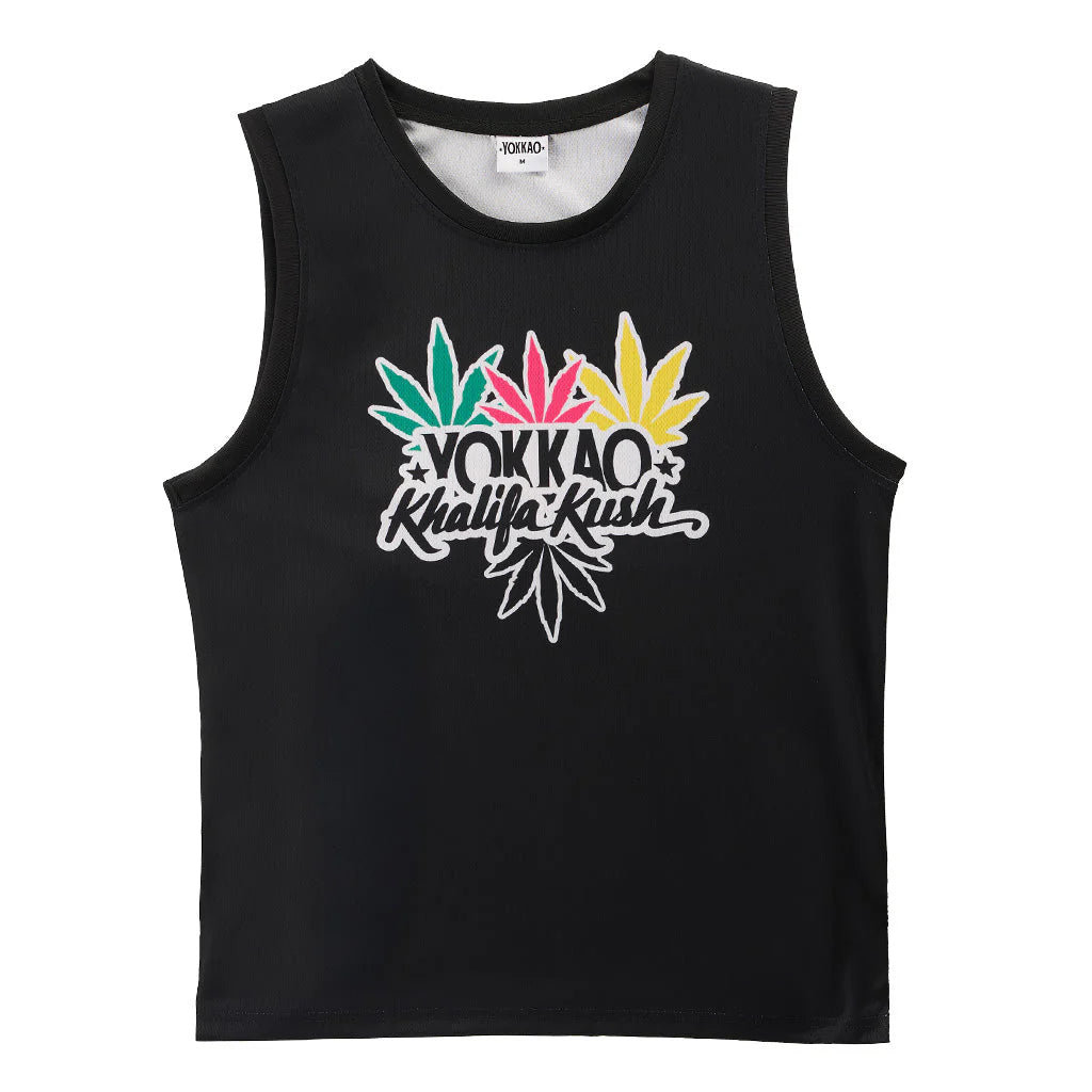 Black tank top with colorful leaf designs and text on a white background