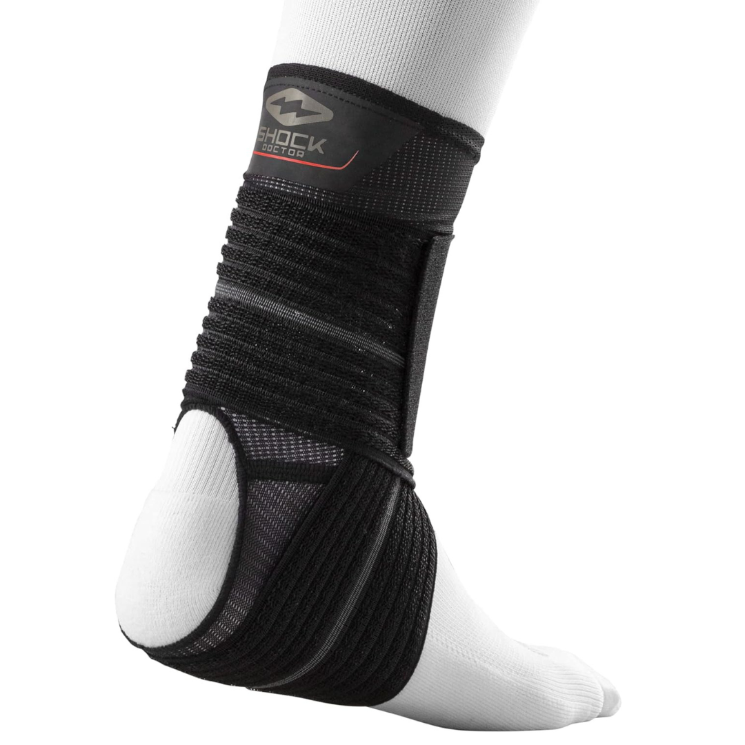 Shock Doctor ankle sleeve with adjustable compression wrap providing moderate support for ankle injuries