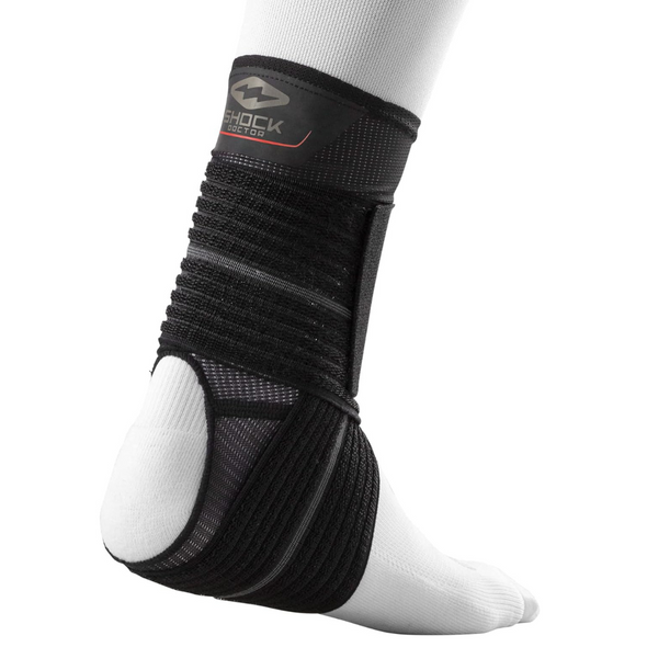 Shock Doctor ankle sleeve with adjustable compression wrap providing moderate support for ankle injuries