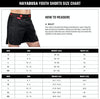 Hayabusa youth shorts size chart with measurement guide and size chart.