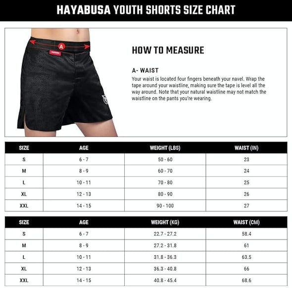 Hayabusa youth shorts size chart with measurement guide and size chart.