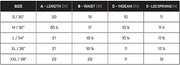 Size chart for pants with measurements in inches
