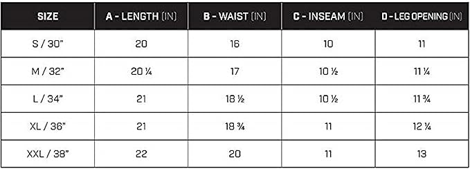Size chart for pants with measurements in inches