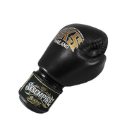 Black boxing glove with gold and white branding on a white background