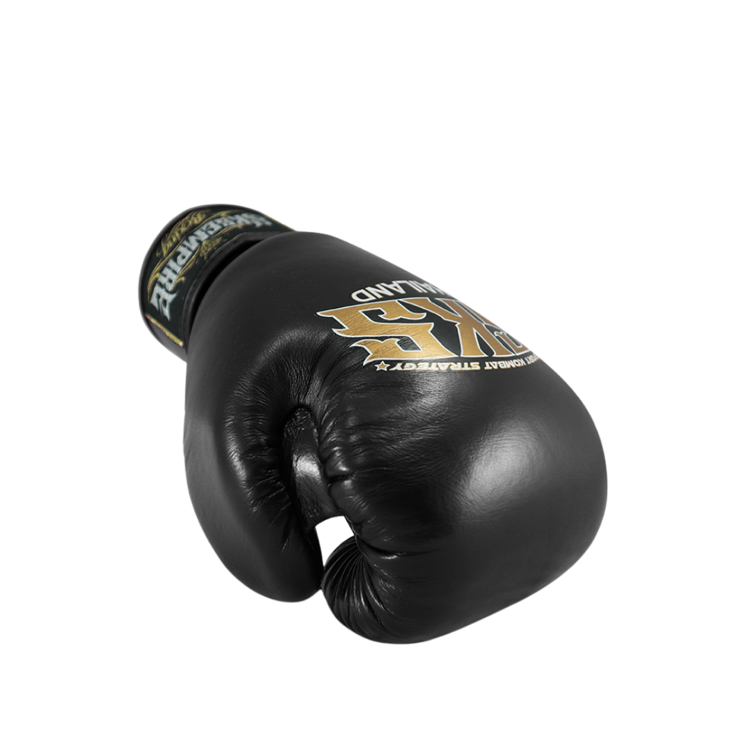 Black boxing glove with gold logo on a white background