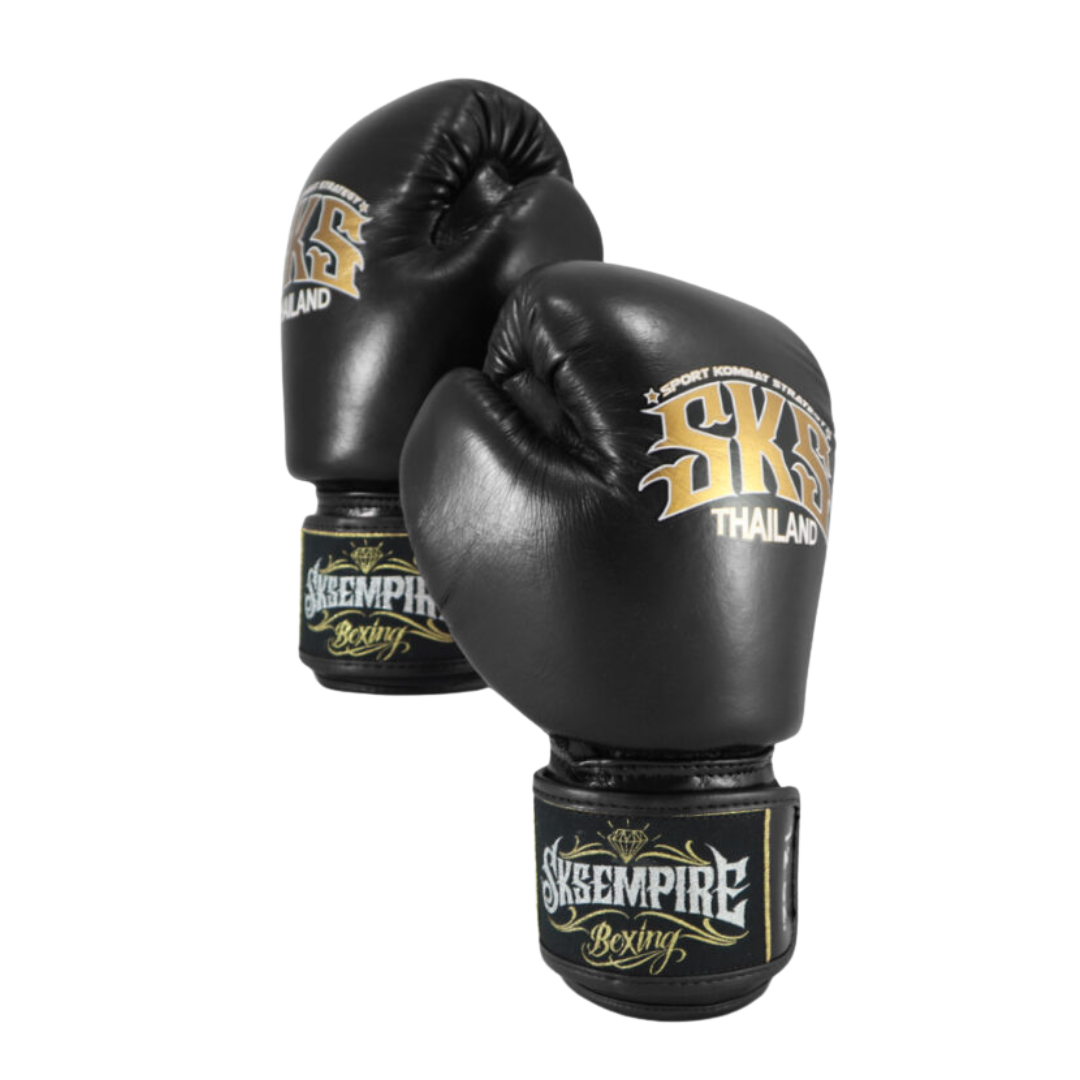 Black boxing gloves with 'SKS Empire Boxing' branding on a white background