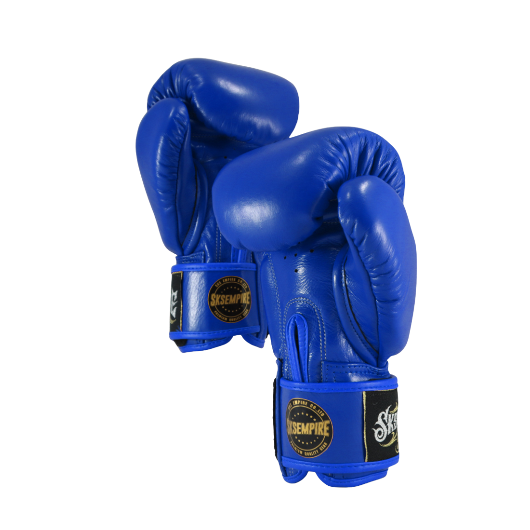 Blue boxing gloves with Sciemire branding on a white background