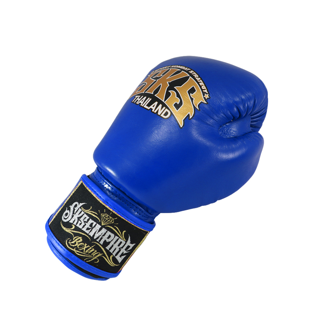 Blue boxing glove with 'Sky Empire Boxing' branding on a white background