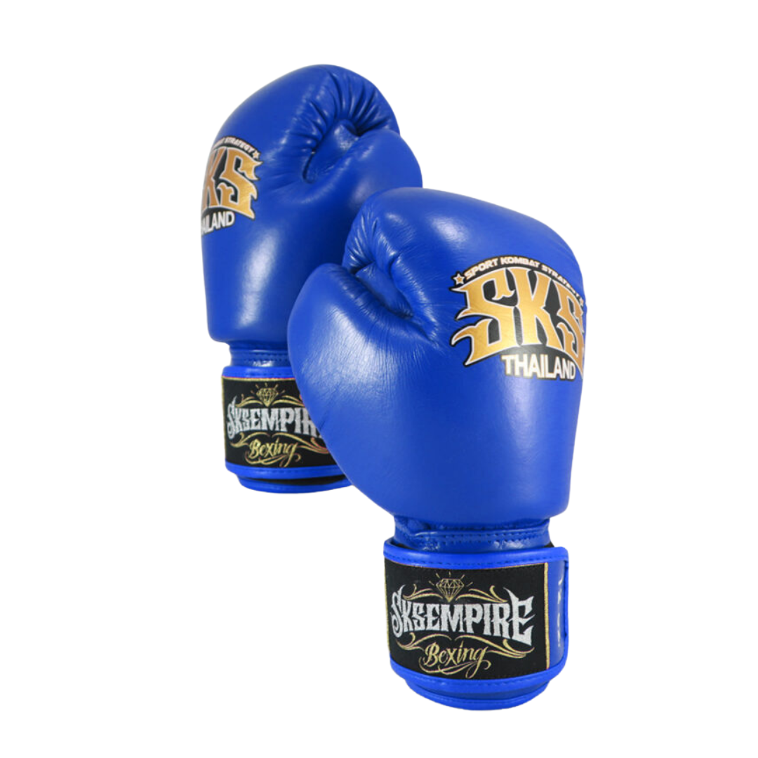 Blue boxing gloves with 'Skeempire' branding on a white background