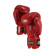 Red boxing gloves with a brand logo on a white background