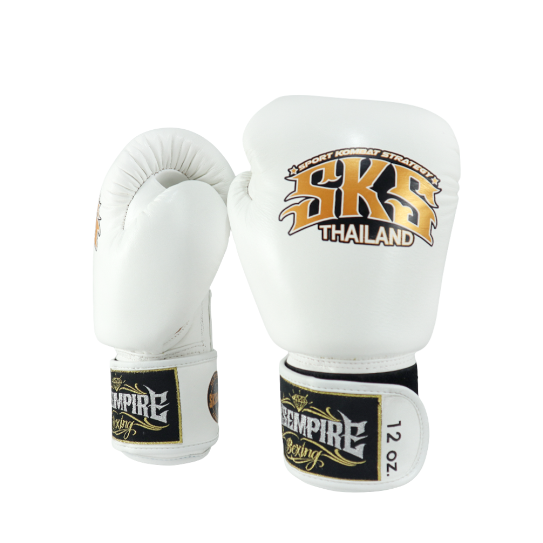 White boxing gloves with 'SKS Thailand' and 'Empire Boxing' branding on a white background