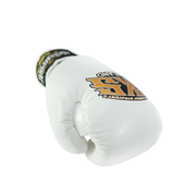 White boxing glove with brand logo on a white background