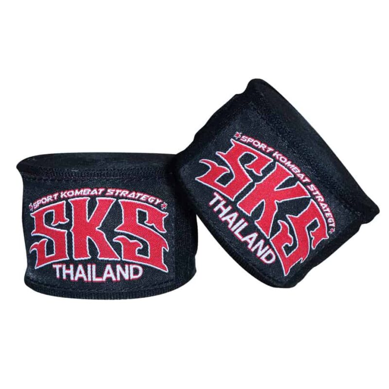 Black wrist wraps with red 'SKS Thailand' logo on a white background