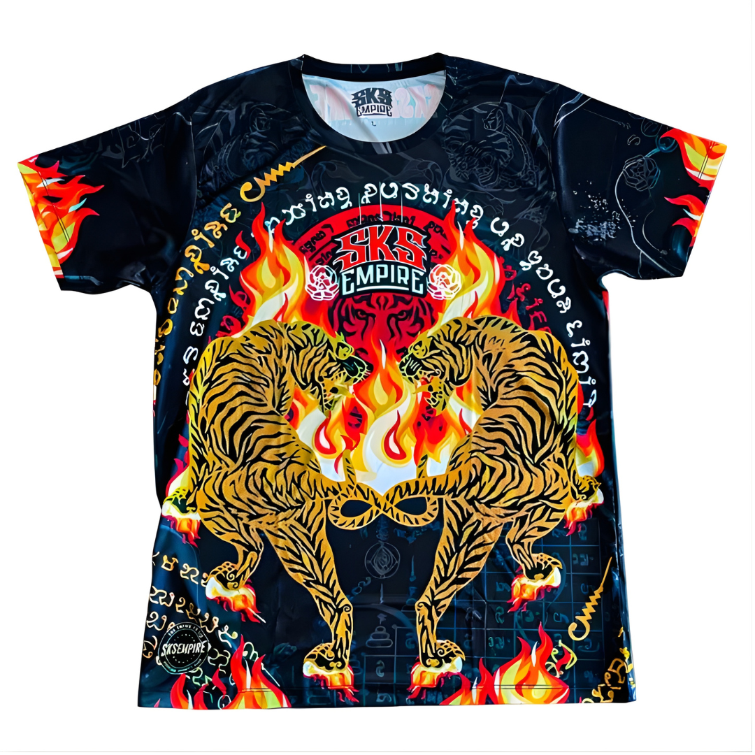 T-shirt with two facing tigers in flames and text on a black background