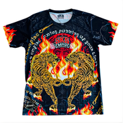 T-shirt with two facing tigers in flames and text on a black background