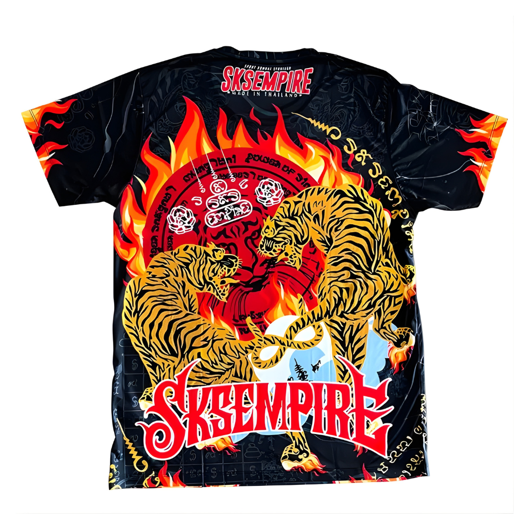 Black t-shirt with fiery design and 'SKSEMPRE' branding on a white background