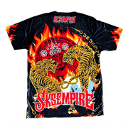 Black t-shirt with fiery design and 'SKSEMPRE' branding on a white background