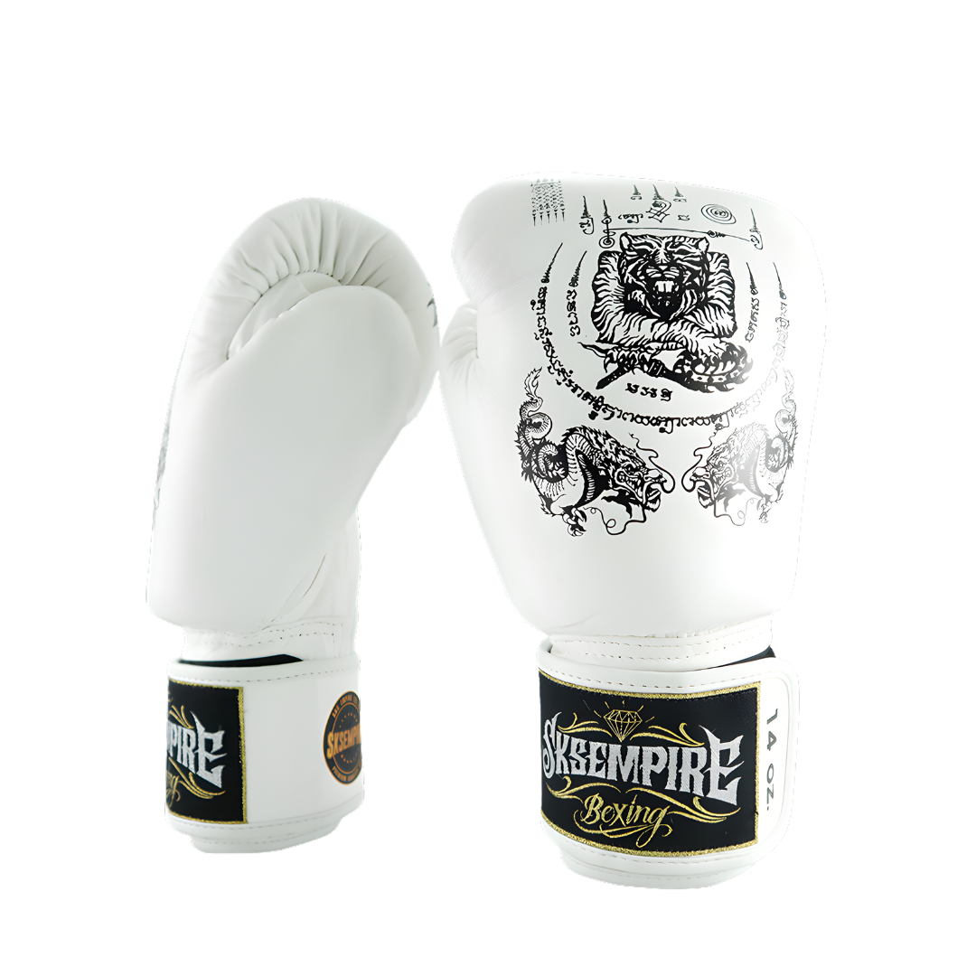 White boxing gloves with black designs and Sksempire branding on a white background