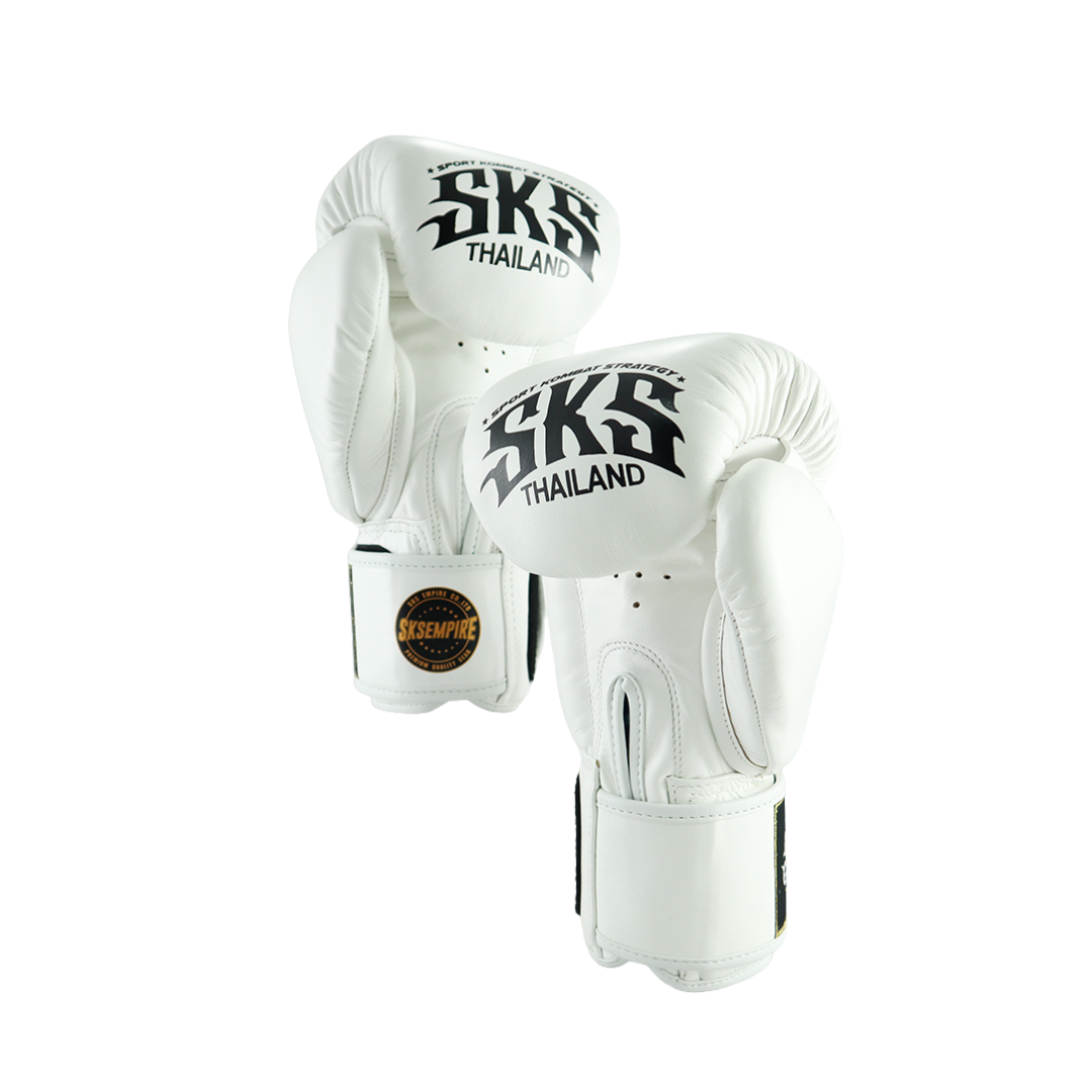 White boxing gloves with 'SKS Thailand' branding on a white background