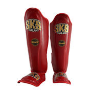 Red shin guards with SKS Thailand branding on a white background