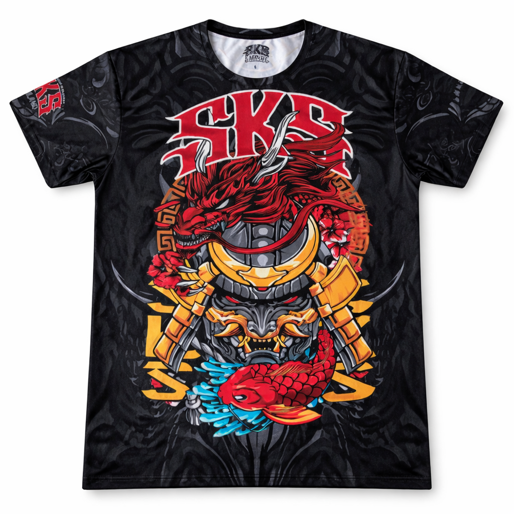 Black t-shirt with colorful dragon and koi design on a white background