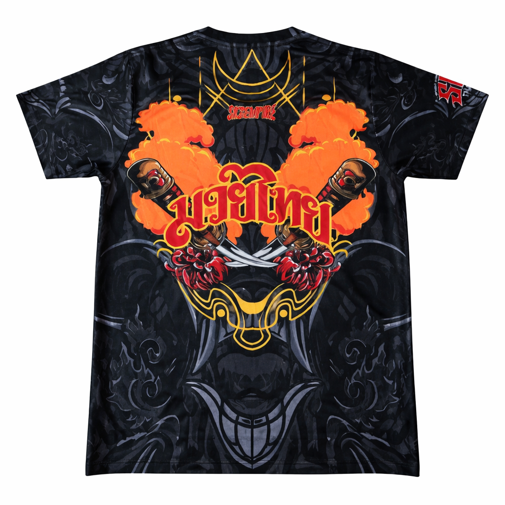 Black t-shirt with orange and red graphic design on a white background