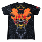 Black t-shirt with orange and red graphic design on a white background