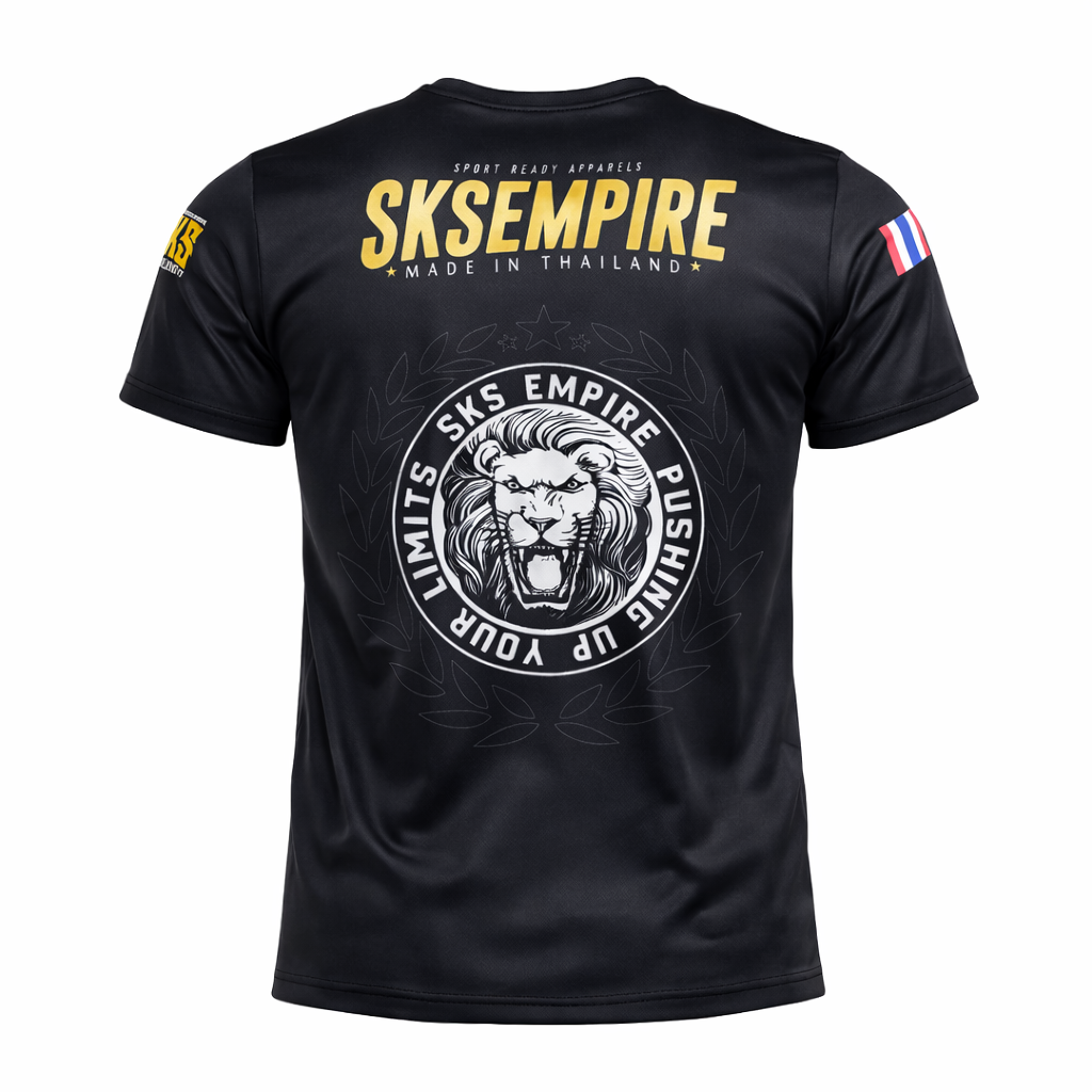 Black t-shirt with 'SKS Empire' branding and lion graphic on a white background