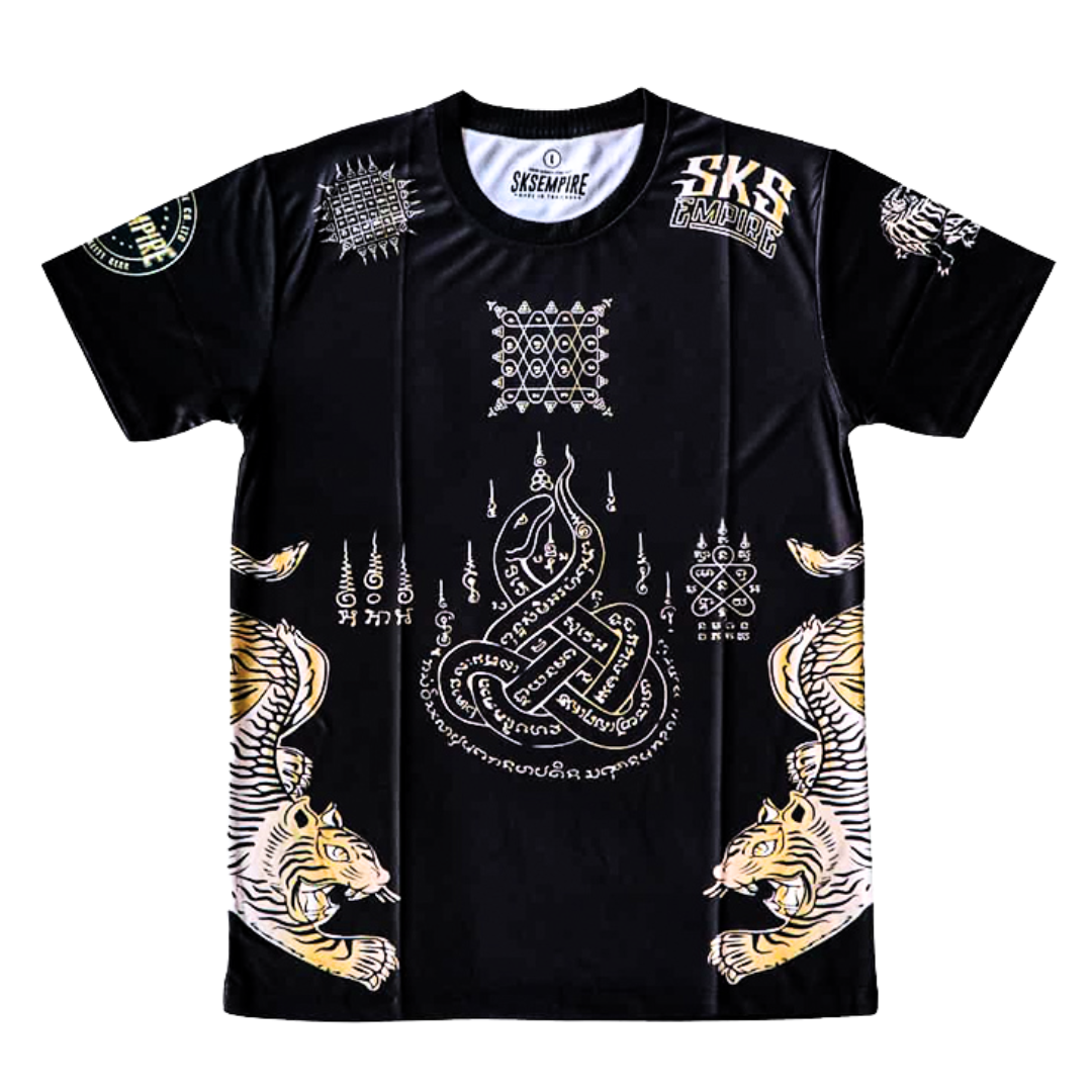 Black t-shirt with white and gold designs featuring a central symbol and tiger illustrations on a white background.