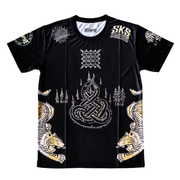 Black t-shirt with white and gold designs featuring a central symbol and tiger illustrations on a white background.