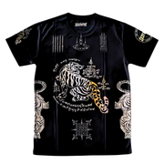 Black t-shirt with white and orange tiger design and intricate patterns on a white background