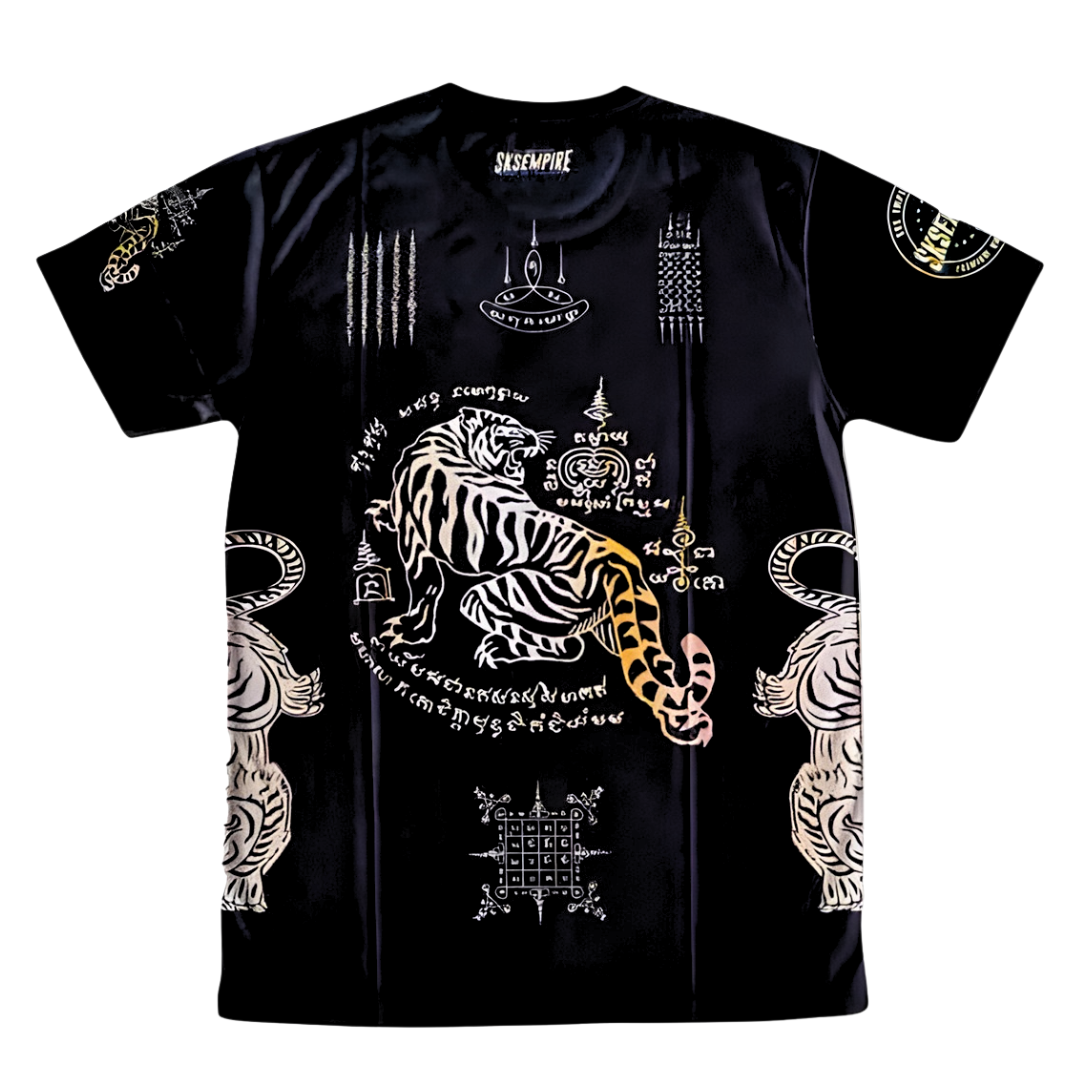 Black t-shirt with white and orange tiger design and intricate patterns on a white background
