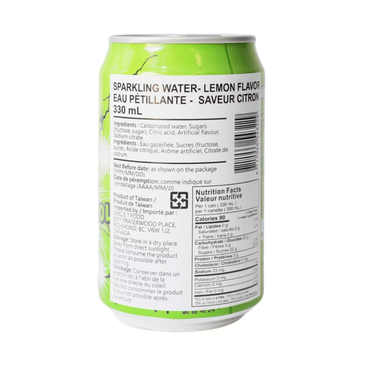 Green can of sparkling water with label on a white background