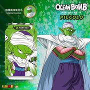 Cans of Ocean Bomb sparkling water with Piccolo design on a green and blue gradient background