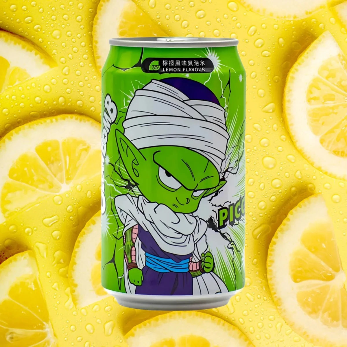 Green can with cartoon character on a background of lemon slices