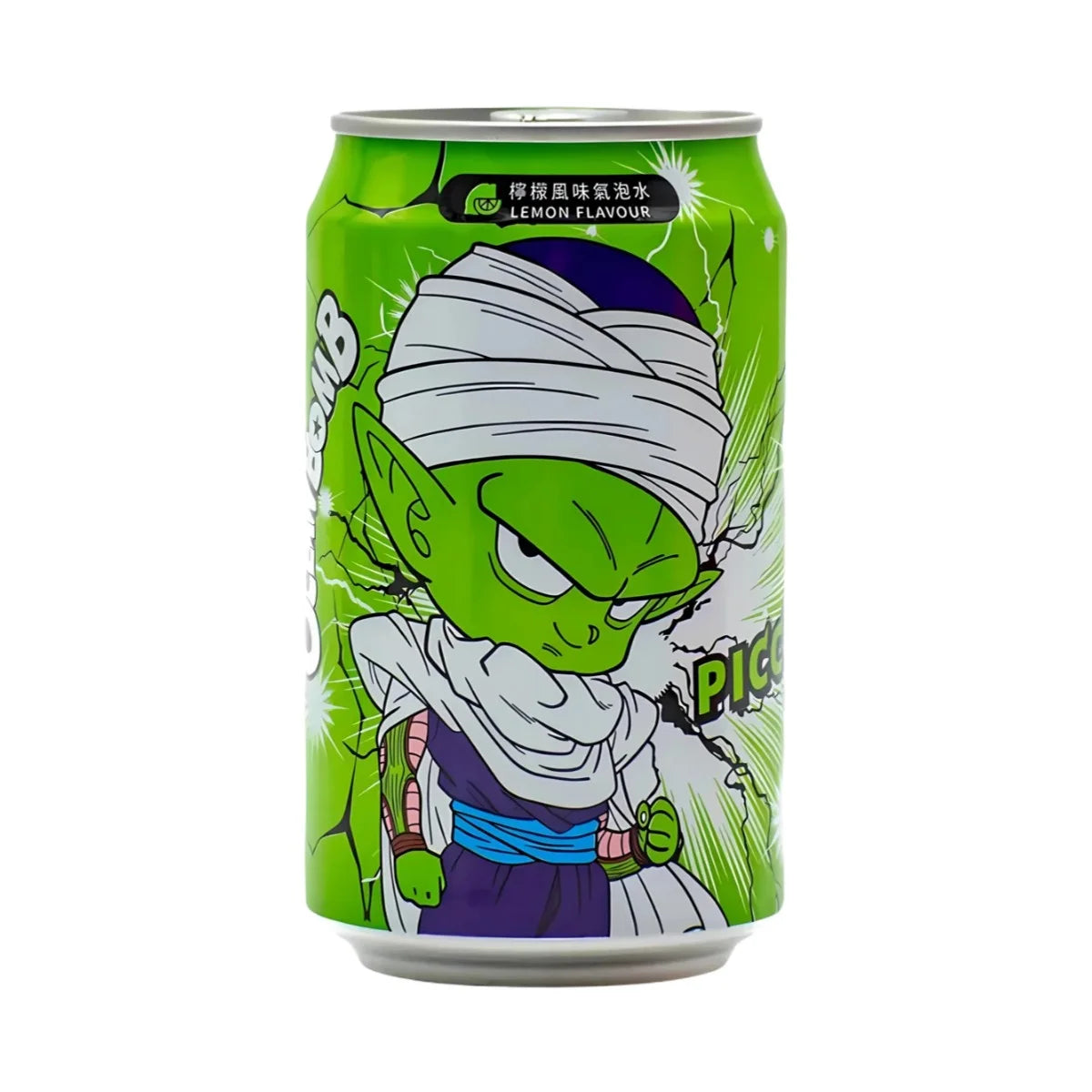 Green can with a character design on a white background