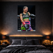 Bedroom with a boxing-themed poster of a female fighter on the wall.