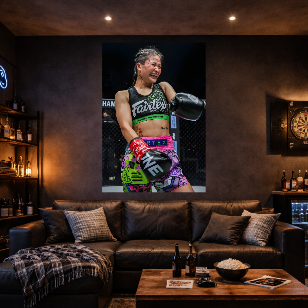 Living room with a boxing-themed poster on the wall