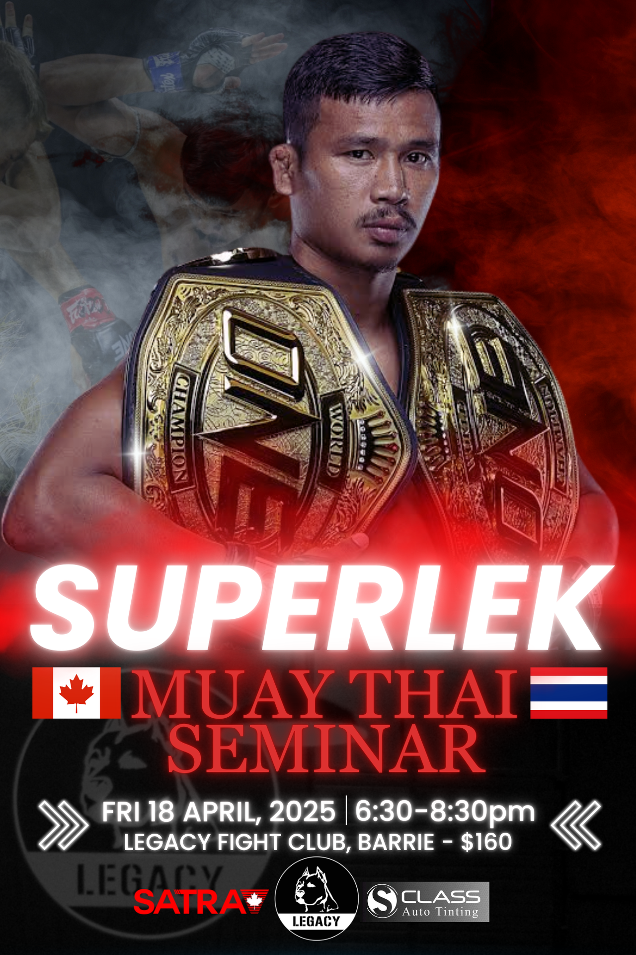 Promotional poster for a Muay Thai seminar featuring a champion with a belt, set against a dark background with red and black elements.