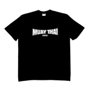 Black t-shirt with 'MUAY THAI' text on a white background