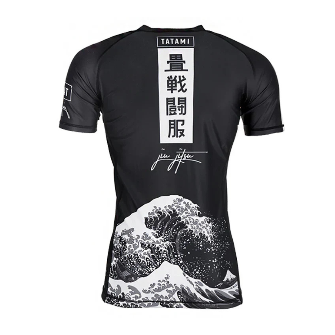 Tatami Kanagawa Short Sleeve Rash Guard black for BJJ MMA Muay Thai training with Japanese wave design