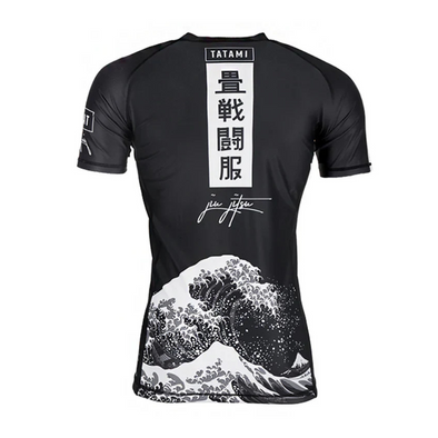 Tatami Kanagawa Short Sleeve Rash Guard black for BJJ MMA Muay Thai training with Japanese wave design